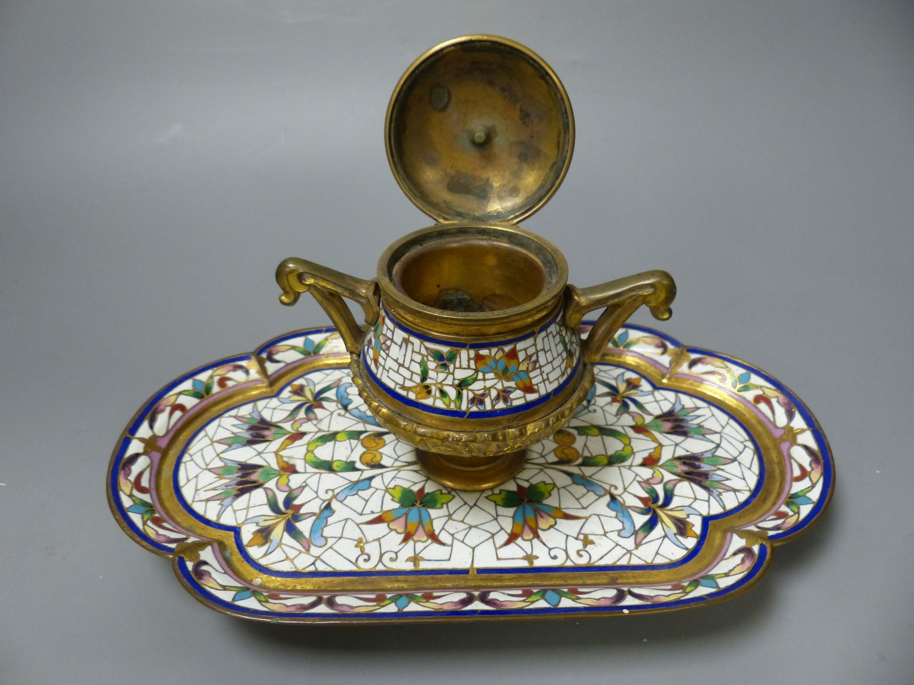 A 19th century French champleve enamel ink stand, length 24cm